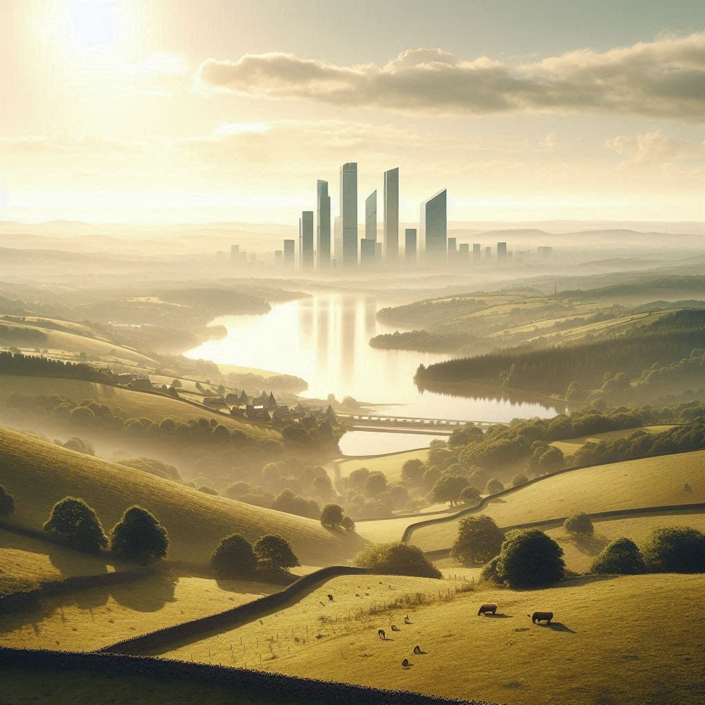 Futuristic UK landscape with rolling green hills and modern architecture